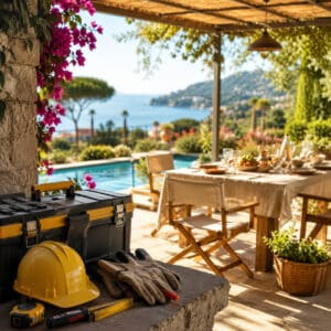Attrezzi da lavoro a riposo davanti a una tavola di Ferragosto in un giardino italiano.