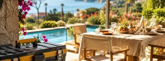 Attrezzi da lavoro a riposo davanti a una tavola di Ferragosto in un giardino italiano.
