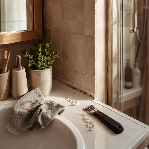 Rimozione del vecchio silicone in bagno: una base pulita e ben preparata è il primo passo per rifare la sigillatura in modo preciso e durevole.