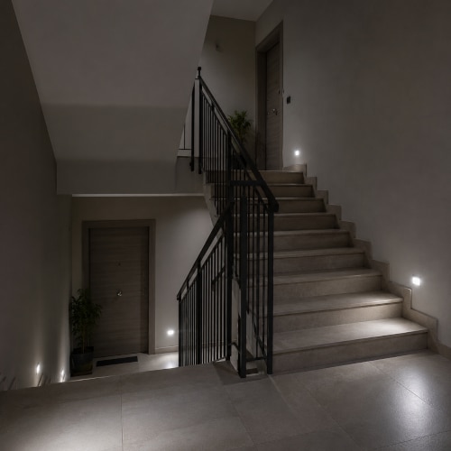 Impianto di illuminazione di emergenza in un vano scale condominiale.