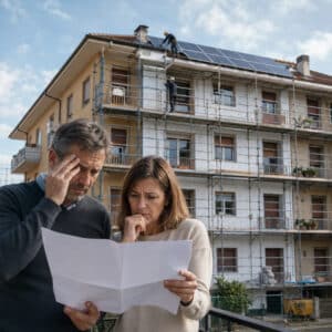 Incentivi Case Green e costi di riqualificazione energetica: coppia preoccupata davanti a un condominio italiano in cantiere.