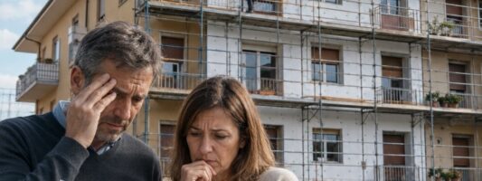 Incentivi Case Green e costi di riqualificazione energetica: coppia preoccupata davanti a un condominio italiano in cantiere.
