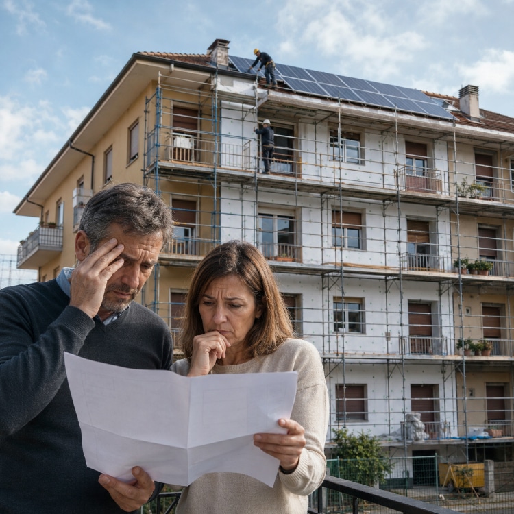Incentivi Case Green e costi di riqualificazione energetica: coppia preoccupata davanti a un condominio italiano in cantiere.