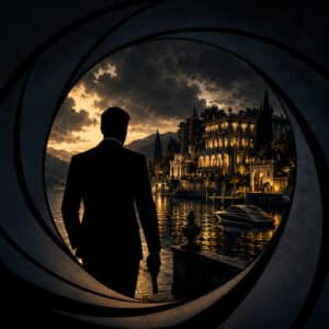Villa sul Lago di Como in stile poster cinematografico con sagoma di agente segreto 007 James Bond di spalle.