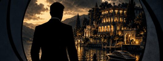 Villa sul Lago di Como in stile poster cinematografico con sagoma di agente segreto 007 James Bond di spalle.