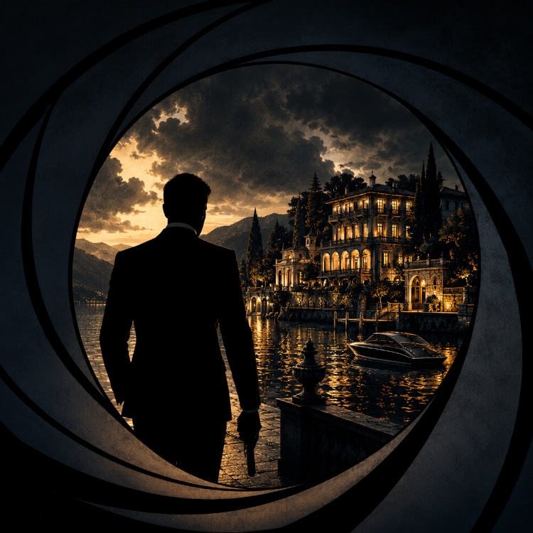 Villa sul Lago di Como in stile poster cinematografico con sagoma di agente segreto 007 James Bond di spalle.