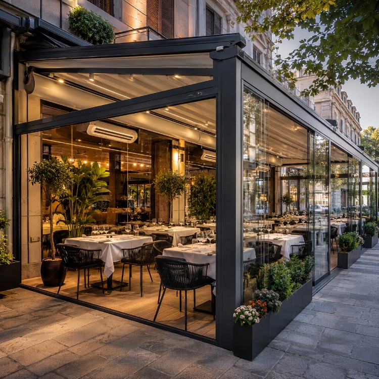 Pergotenda di 70 mq senza permesso installata all’esterno di un ristorante, con chiusure laterali e climatizzazione.