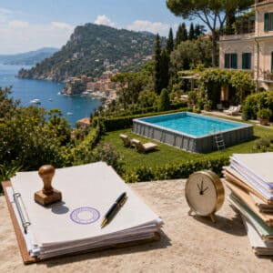 Piscina Berlusconi a Portofino con villa sul mare, documenti e pratica autorizzativa in primo piano.
