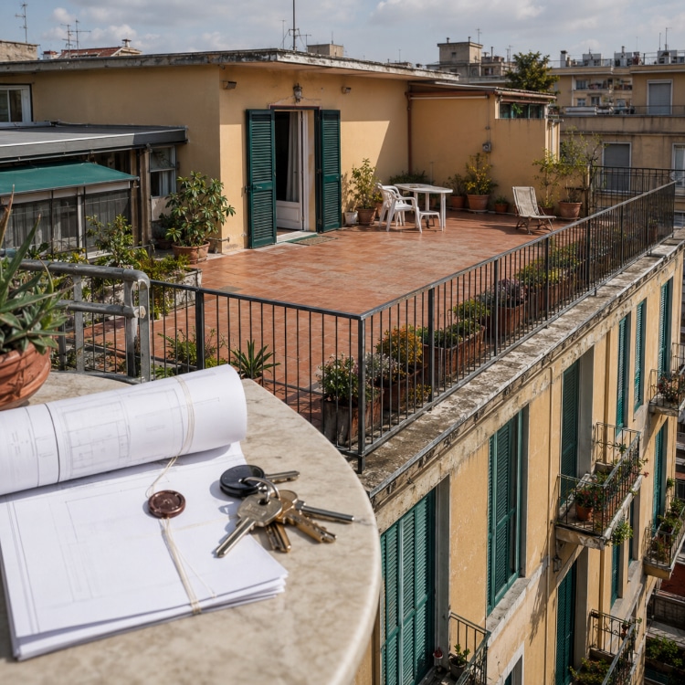 Proprietà terrazza in condominio: terrazzo ad accesso esclusivo con chiavi e documenti immobiliari in primo piano.