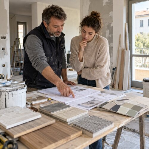 Il tecnico spiega il piano lavori durante una ristrutturazione di interni: con preventivi e campioni materiali.