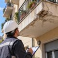 Balcone pericolante con crepe, infiltrazioni e ferri scoperti durante un controllo tecnico per prevenire crolli e cedimenti.
