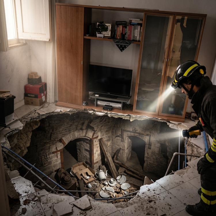 Un vigile del fuoco con casco da soccorso e due luci forti splende una torcia in una massiccia voragine causata dal crollo del pavimento piastrellato di un soggiorno residenziale.
