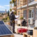 Edilizia green e carenza di lavoratori: cantiere con fotovoltaico e impianti in attesa di tecnici qualificati.