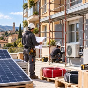 Edilizia green e carenza di lavoratori: cantiere con fotovoltaico e impianti in attesa di tecnici qualificati.