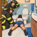 Uomo incastrato con la testa tra water e bidet mentre intervengono i Vigili del Fuoco.