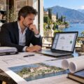 Pratiche edilizie false a Stresa con architetto e documenti davanti a una villa sul Lago Maggiore
