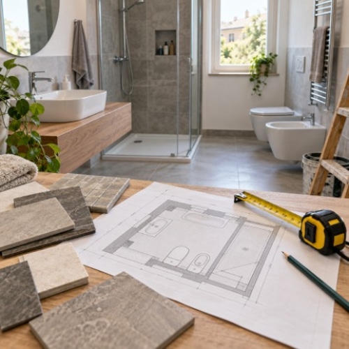Rilievo delle misure di un bagno durante la progettazione della ristrutturazione.