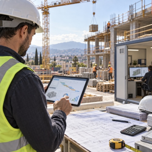Tecnico di cantiere controlla un software gestionale per edilizia su tablet davanti a un edificio in costruzione, con operai, gru e progetto edilizio sul tavolo.
