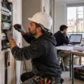 Elettricista al lavoro su un quadro elettrico durante una ristrutturazione, con un tecnico al computer sullo sfondo.