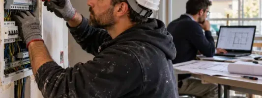 Elettricista al lavoro su un quadro elettrico durante una ristrutturazione, con un tecnico al computer sullo sfondo.