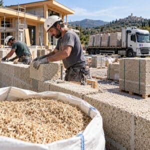 Cantiere di bioedilizia con blocchi in canapa e calce e canapulo usato come materiale da costruzione.