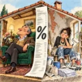 Vignetta satirica sul bonus casa in comodato: il proprietario si rilassa in poltrona mentre la comodataria sostiene i lavori di ristrutturazione, con una grande ricevuta fiscale al centro.
