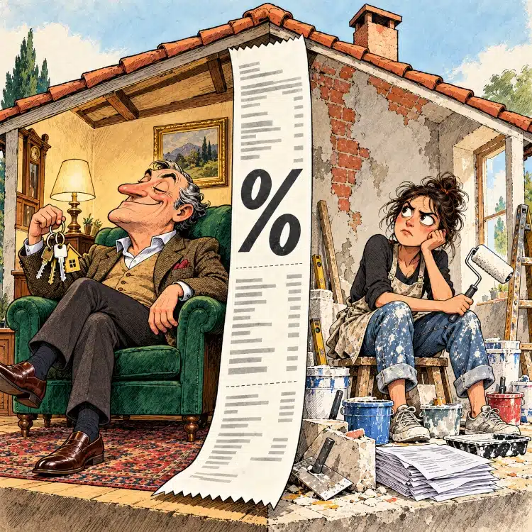 Vignetta satirica sul bonus casa in comodato: il proprietario si rilassa in poltrona mentre la comodataria sostiene i lavori di ristrutturazione, con una grande ricevuta fiscale al centro.