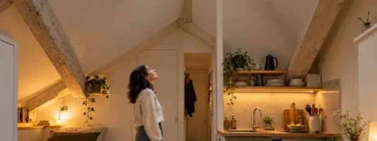 Casa di 12 mq senza finestre a parete, con due lucernari molto alti sul tetto e una donna che osserva le aperture.