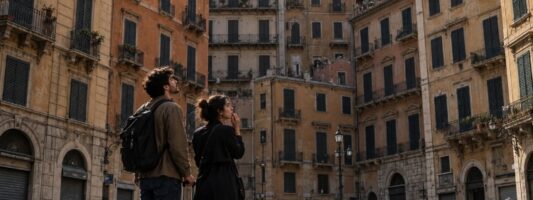 Giovane coppia con valigie e scatoloni davanti a numerosi palazzi residenziali. Finestre chiuse e case vuote: simbolo della crisi abitativa in Italia.
