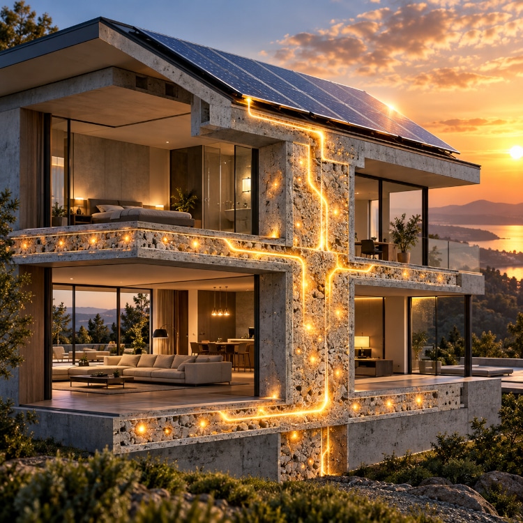 Cemento 3D che accumula l’energia prodotta dai pannelli fotovoltaici di una casa.