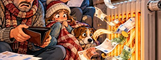 Famiglia preoccupata davanti al termosifone mentre bollette e banconote simboleggiano il caro riscaldamento casa.