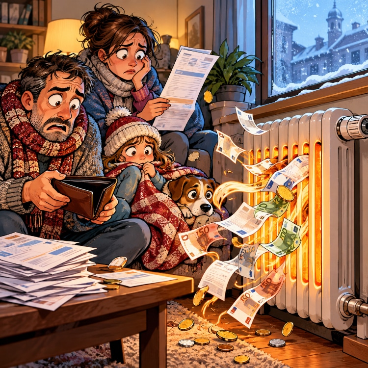 Famiglia preoccupata davanti al termosifone mentre bollette e banconote simboleggiano il caro riscaldamento casa.