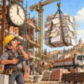 Imprenditore edile in cantiere osserva preoccupato una grande pila di fatture sollevata da una gru, simbolo del peso dei rincari e delle difficoltà economiche nel settore delle costruzioni. Dati edilizia 2026 primo semestre Cerved.