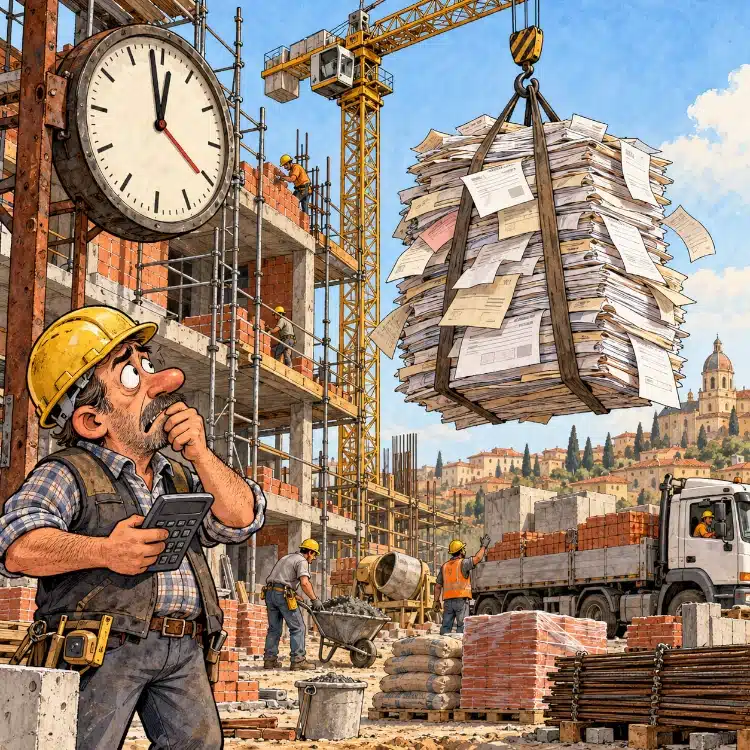 Imprenditore edile in cantiere osserva preoccupato una grande pila di fatture sollevata da una gru, simbolo del peso dei rincari e delle difficoltà economiche nel settore delle costruzioni. Dati edilizia 2026 primo semestre Cerved.