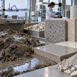 Fanghi di dragaggio e scarti della lavorazione della pietra accanto a piastrelle finite, simbolo del recupero dei materiali in edilizia.