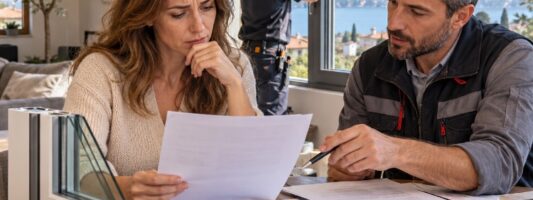 Infissi su misura e contratto di fornitura con cliente che valuta preventivo e acconto.