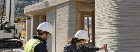 Casa stampata in 3D con pareti in calcestruzzo stratificato: due tecnici verificano la struttura e i progetti edilizi durante un sopralluogo in cantiere.