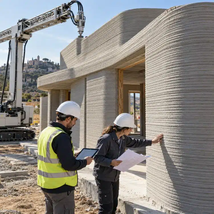 Casa stampata in 3D con pareti in calcestruzzo stratificato: due tecnici verificano la struttura e i progetti edilizi durante un sopralluogo in cantiere.