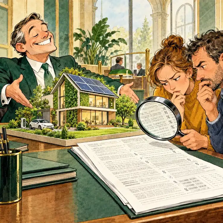 Vignetta satirica sui mutui green: un banchiere sorridente presenta una casa ecologica con pannelli solari, mentre una coppia esamina con la lente d'ingrandimento i costi del mutuo.