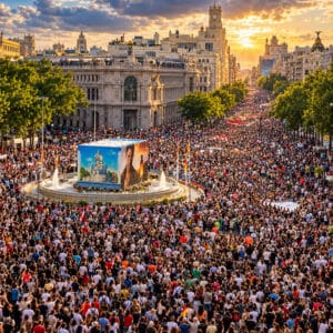 Grande manifestazione in una piazza dio Madrid in Spagna, con migliaia di persone in corteo e folla compatta lungo il viale centrale.