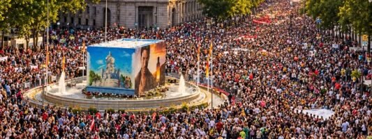 Grande manifestazione in una piazza dio Madrid in Spagna, con migliaia di persone in corteo e folla compatta lungo il viale centrale.