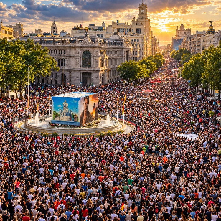 Grande manifestazione in una piazza dio Madrid in Spagna, con migliaia di persone in corteo e folla compatta lungo il viale centrale.