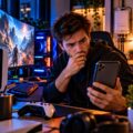 Gamer al PC preoccupato per i consumi elettrici e la nuova tariffa luce dedicata al gaming.